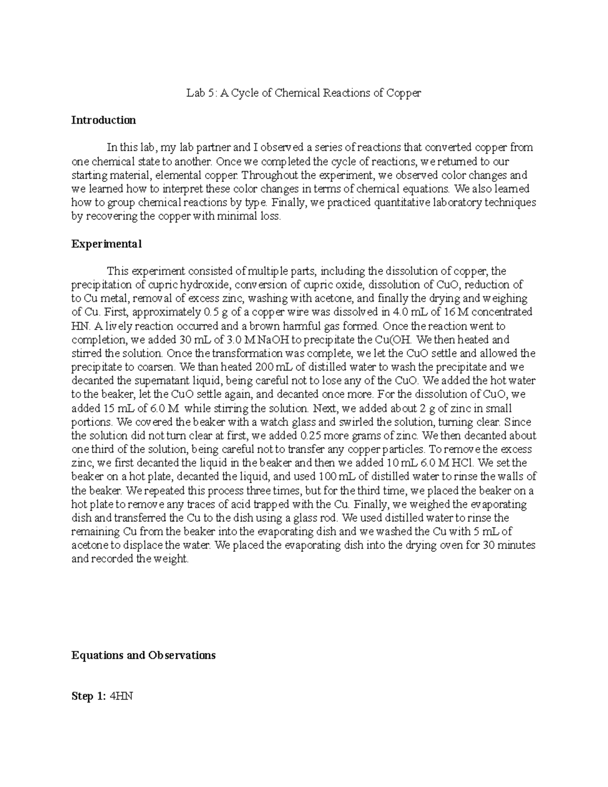Lab 5 - A Cycle of Chemical Reactions to Copper - Lab 5: A Cycle of ...