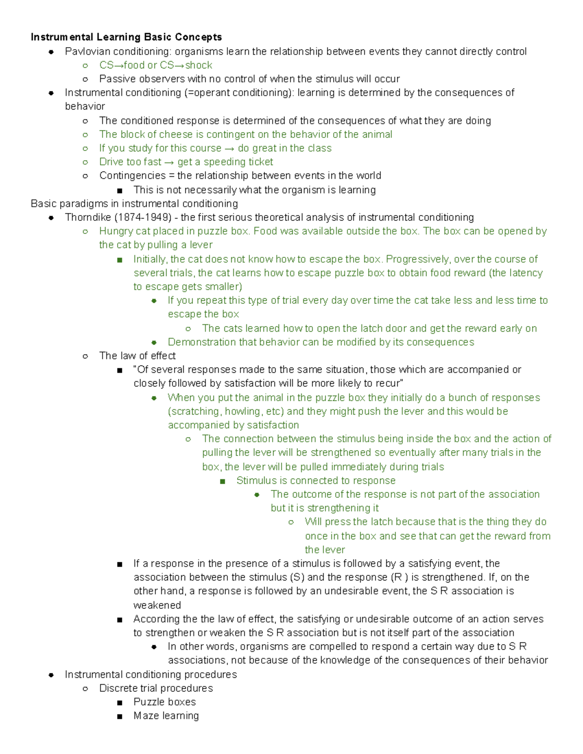 Final Notes - Instrumental Learning Basic Concepts Pavlovian ...