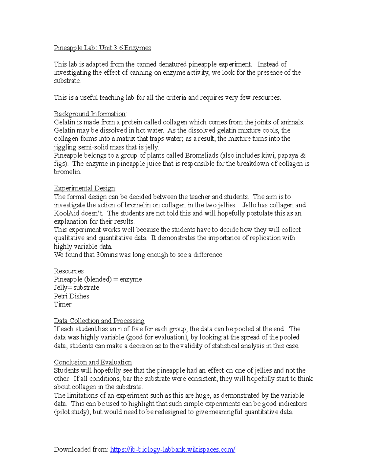 Pineapple Lab Enzymes lab handout Pineapple Lab Unit 3 Enzymes