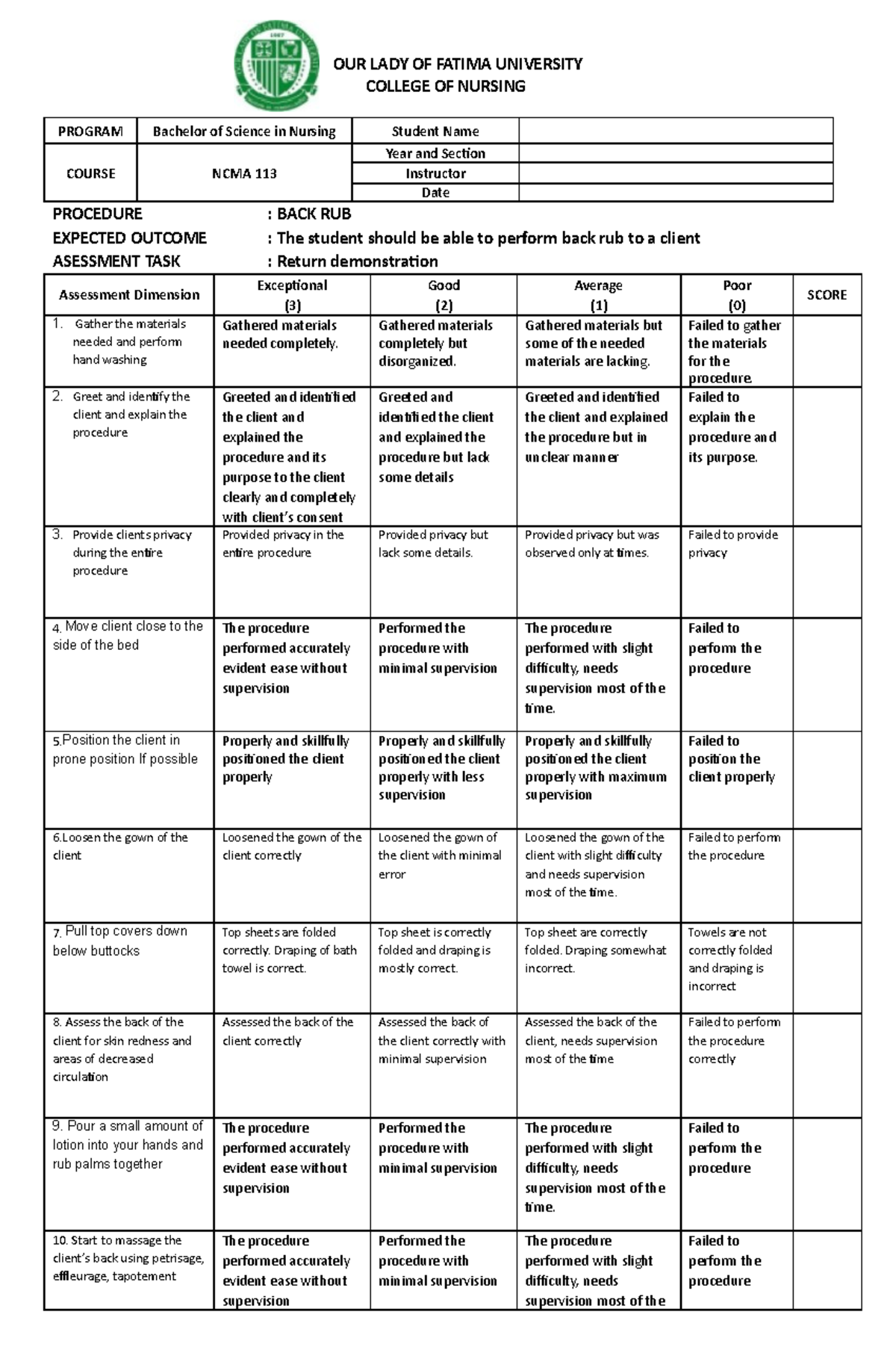 BACKRUB Rubrics kkkkk OUR LADY OF FATIMA UNIVERSITY COLLEGE OF