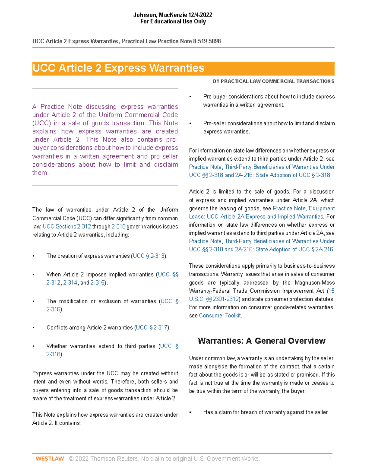 Express warenties Notes For Educational Use Only UCC Article 2