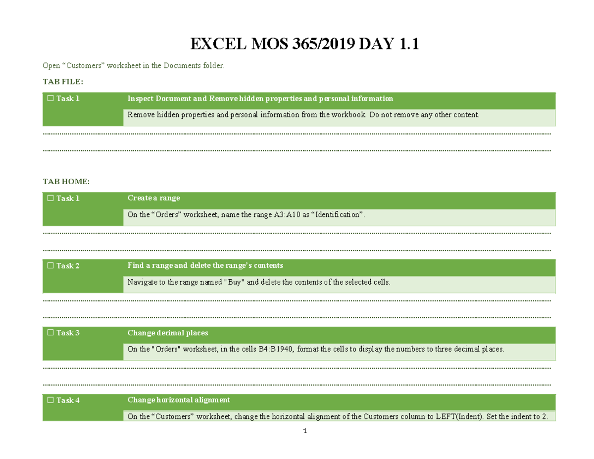 DAY 1 - DAY 1 - EXCEL MOS 365/2019 DAY 1. Open “Customers” worksheet in ...