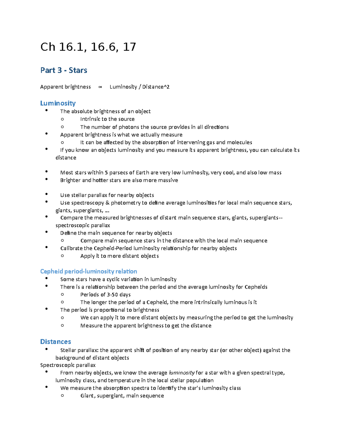 Chapter 16 notes - Ch 16, 16, 17 Part 3 - Stars Apparent brightness ∝ ...
