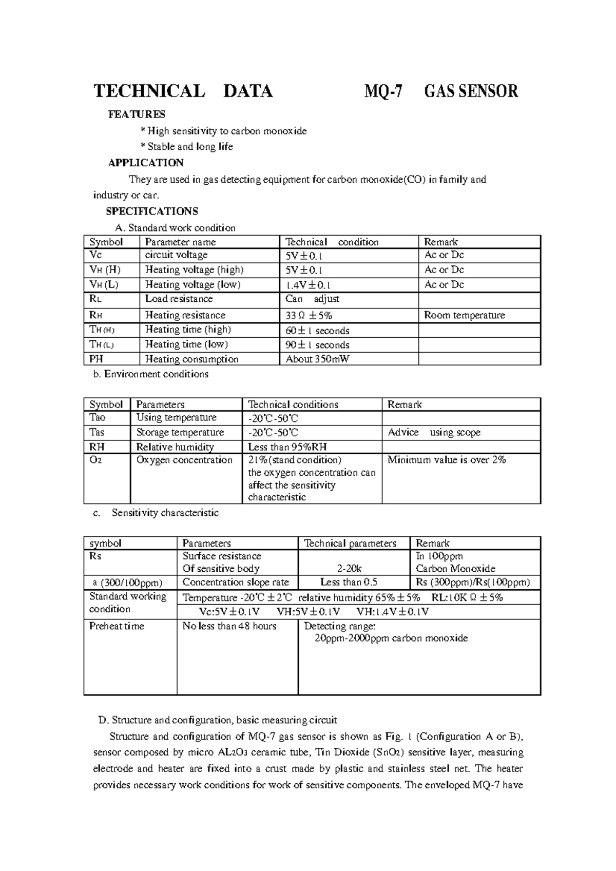 MQ-7 - notes - TECHNICAL DATA MQ-7 GAS SENSOR FEATURES High sensitivity ...