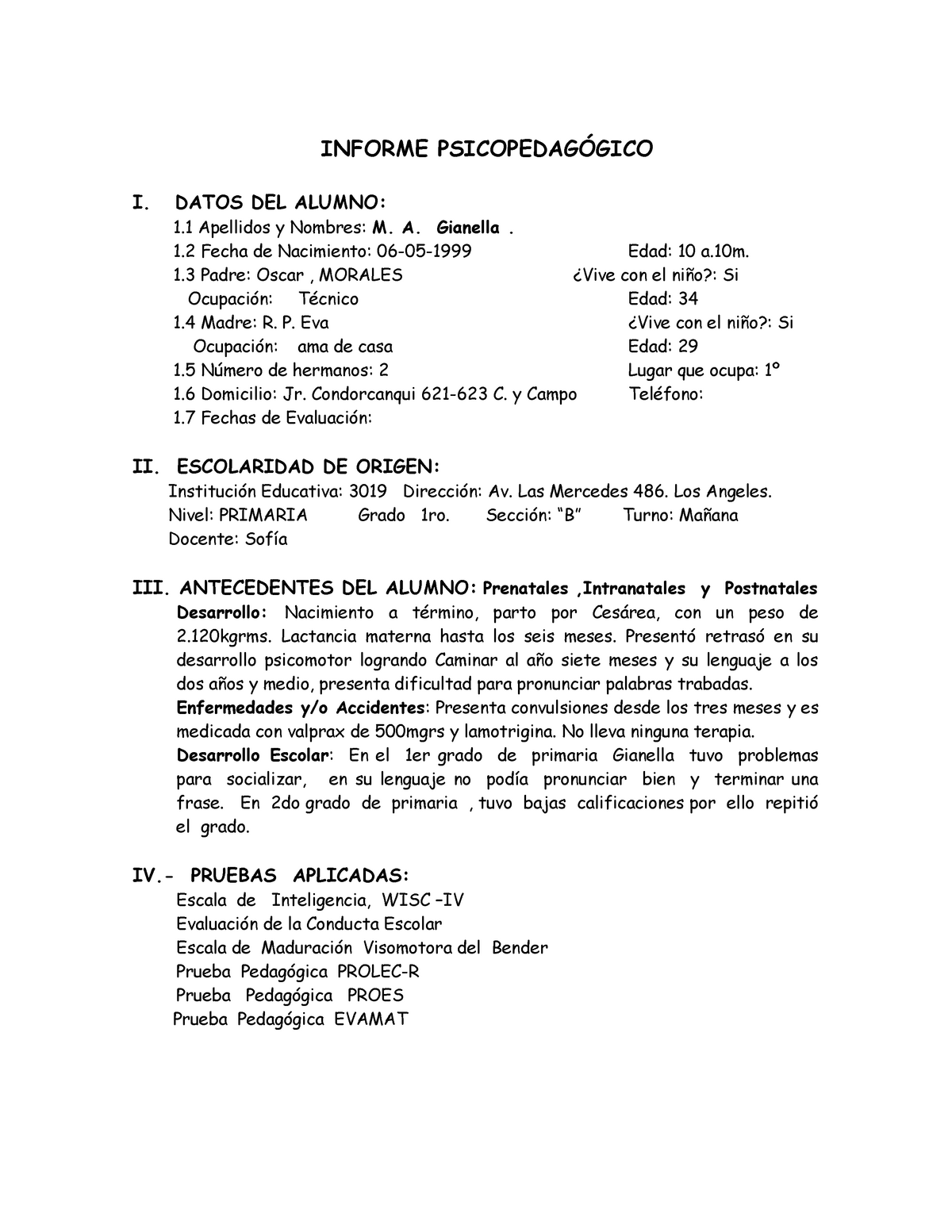 Modelo de informe Psicopedagogico para el area clinica educativa - anamnesis  - INFORME - Studocu