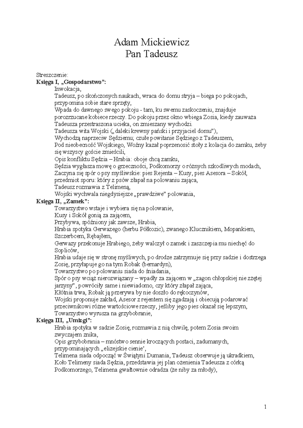 Mickiewicz A., Pan Tadeusz (streszczenie, 8) - Adam Mickiewicz Pan
