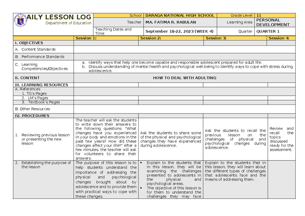wellness massage - DAILY LESSON LOG Department of Education School ...