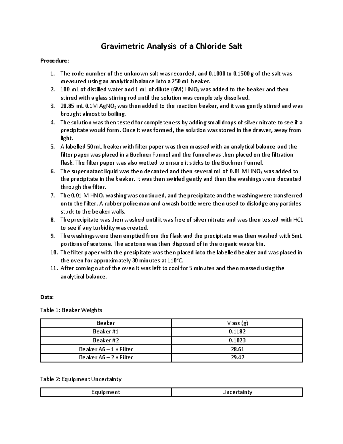 Chemistry G Lab Report - VB - Gravimetric Analysis of a Chloride Salt ...