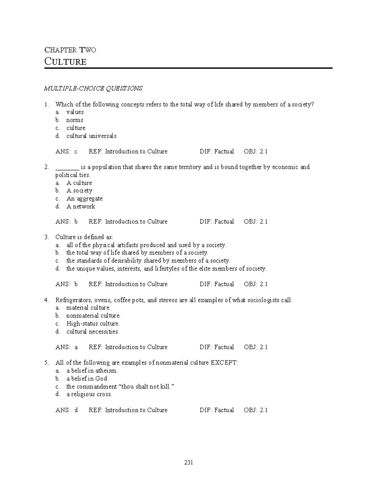 Chapter 2 - lecture notes - CHAPTER TWO CULTURE MULTIPLE-CHOICE ...