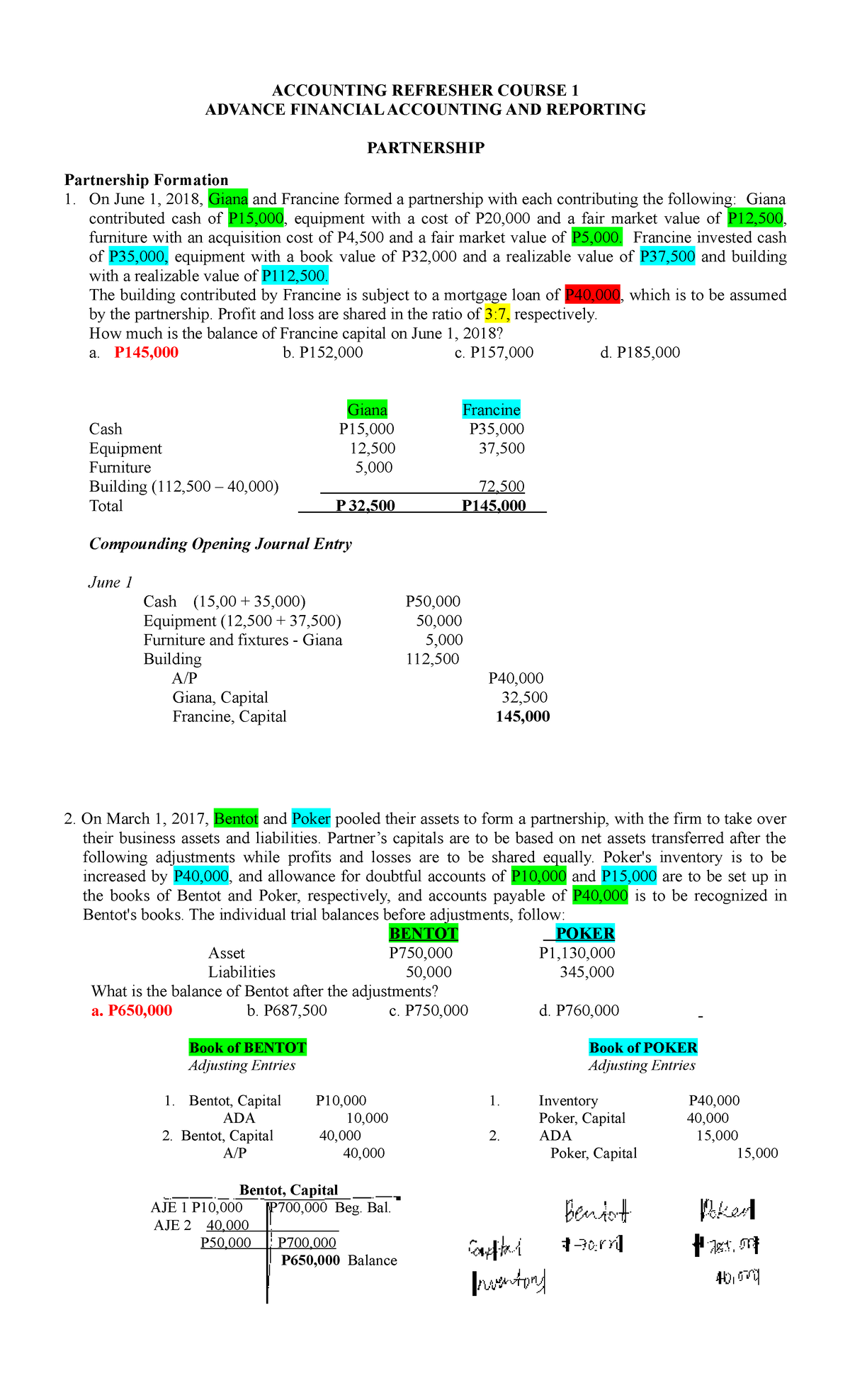Partnership Notes ACCOUNTING REFRESHER COURSE 1 ADVANCE FINANCIAL