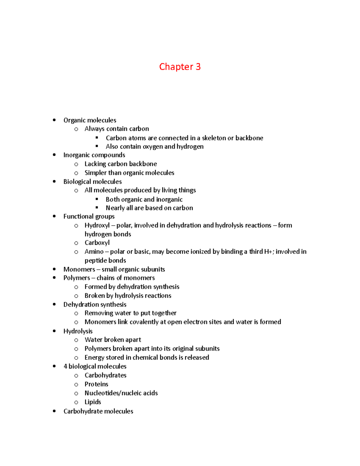 Chapter 3 - Chapter 3 Organic molecules o Always contain carbon Carbon ...