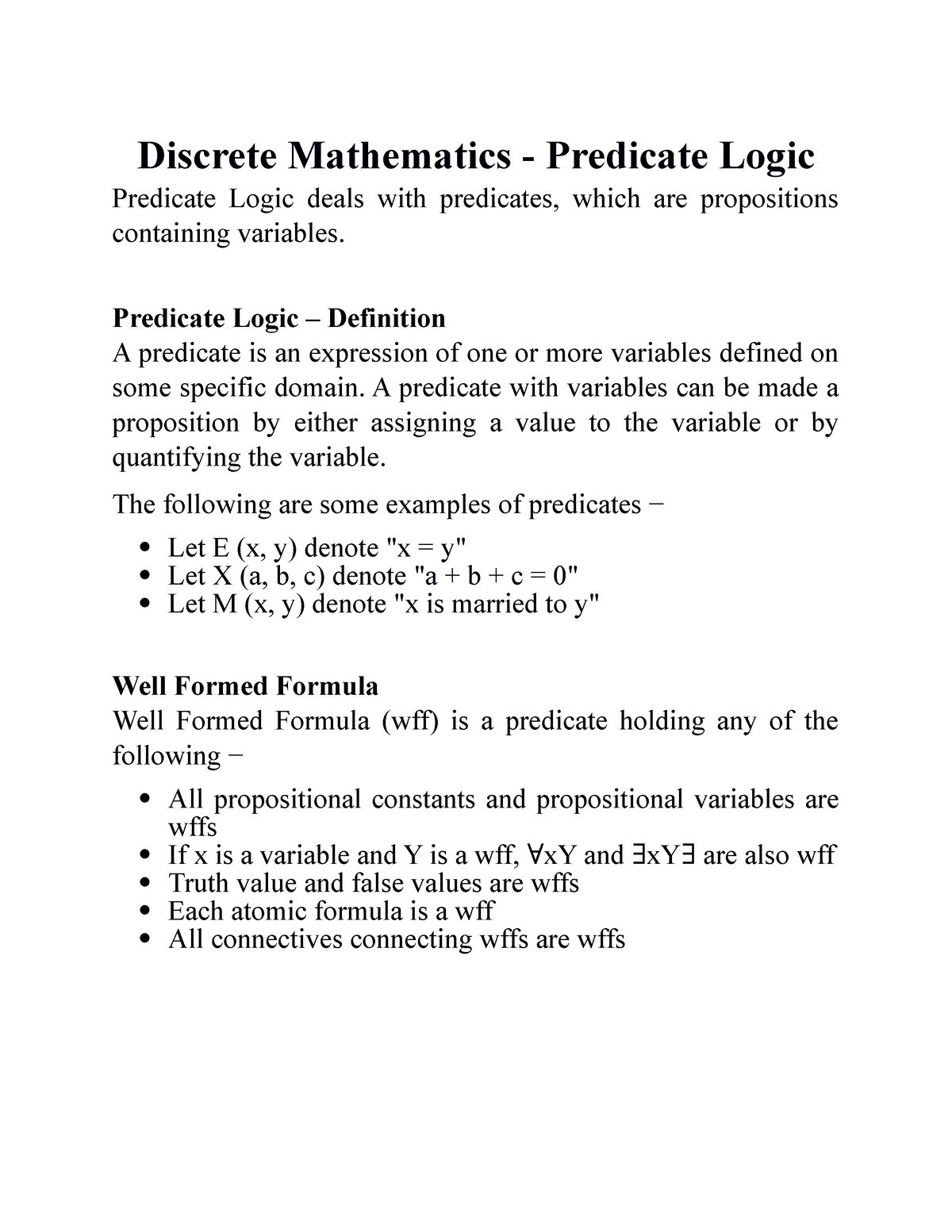 Predicate Logic - Exam - Discrete Mathematics - Predicate Logic ...