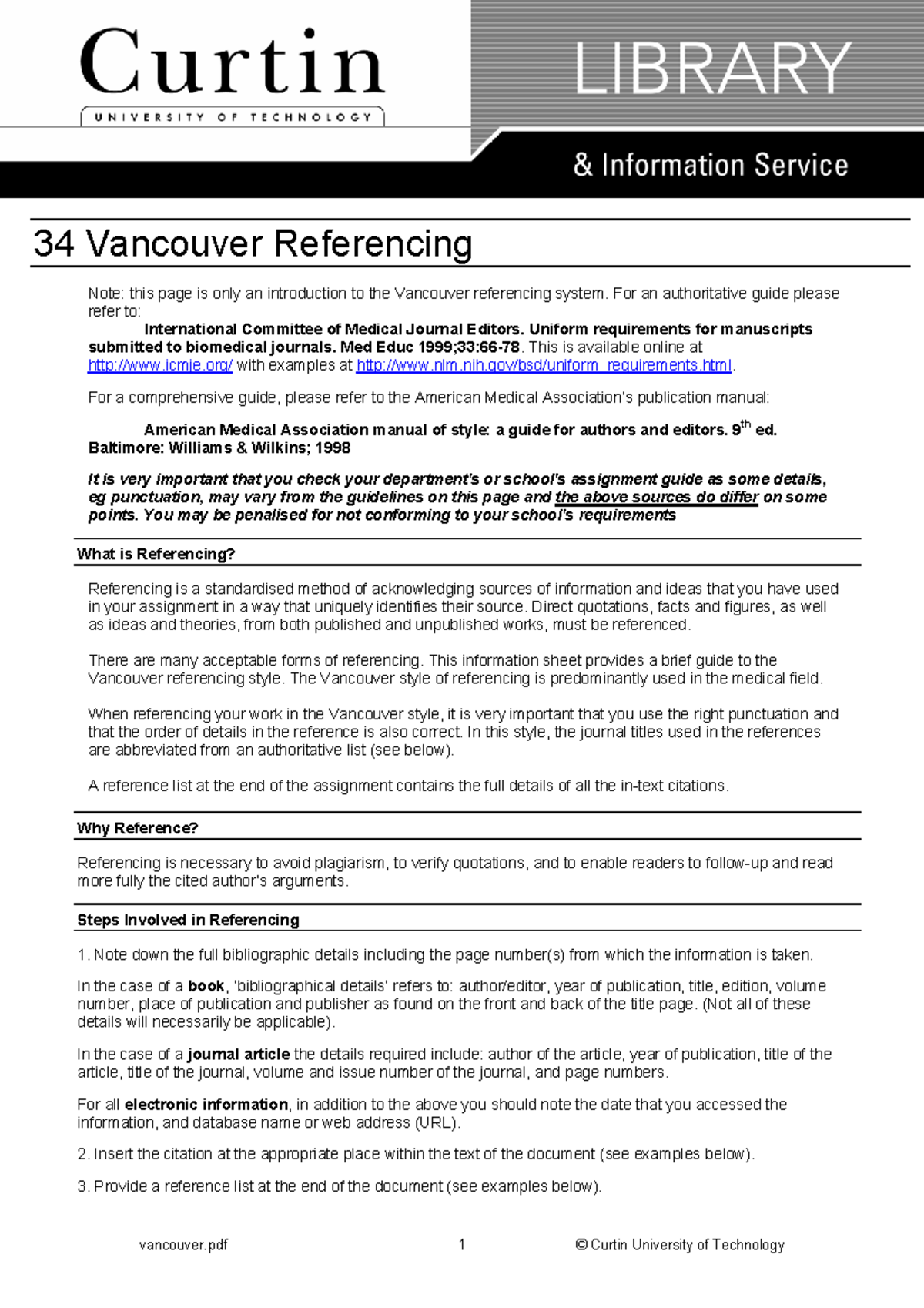 Vancouver Format Reference 34 Vancouver Referencing Note This Page 