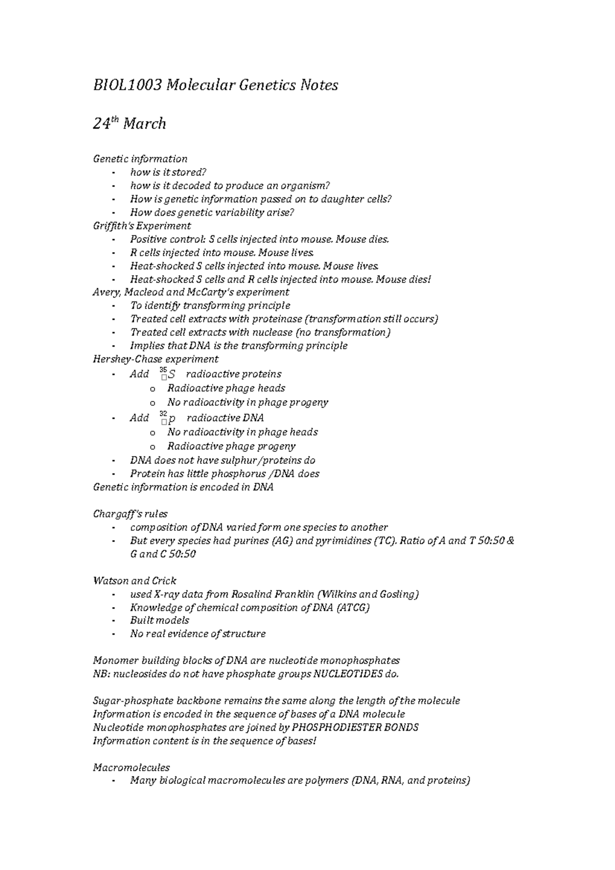 Lecture Notes, Lectures 13-20 - Molecular Genetics - BIOL1003 Molecular ...