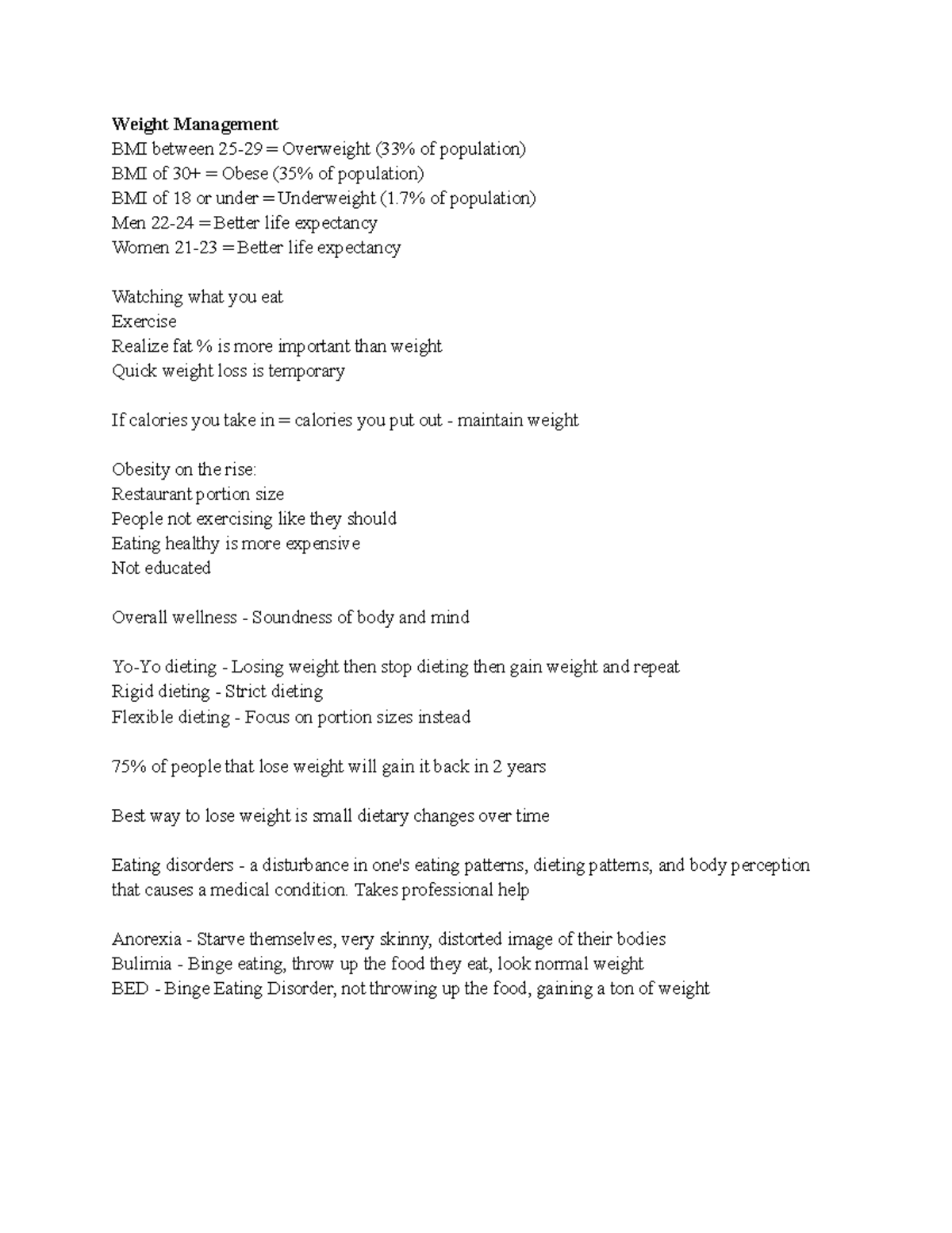 PE Notes 2 - Weight Management BMI between 25-29 = Overweight (33% of ...