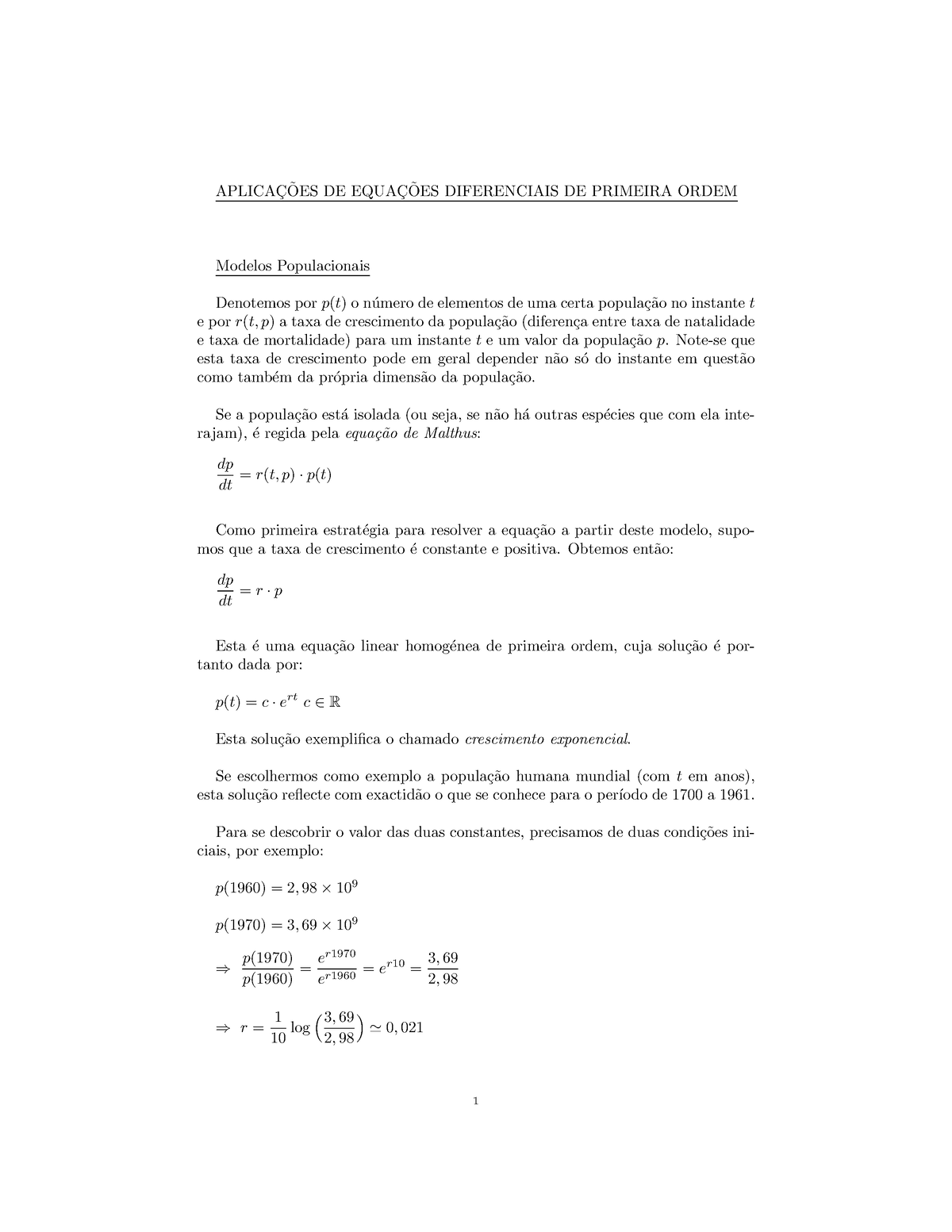 Aplicacoes De Equacoes Diferenciais De Primeira Ordem - APLICAC ̧OES DE ...