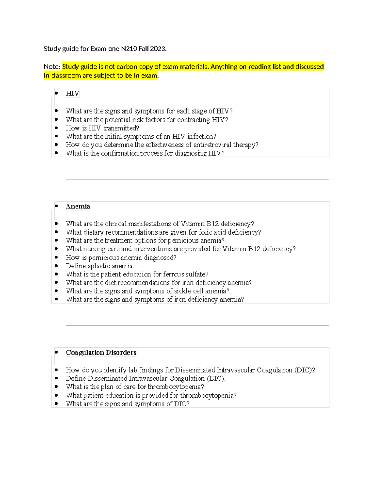 NI Study guide for Exam one N210 Fall 2023 - Note: Study guide is not ...