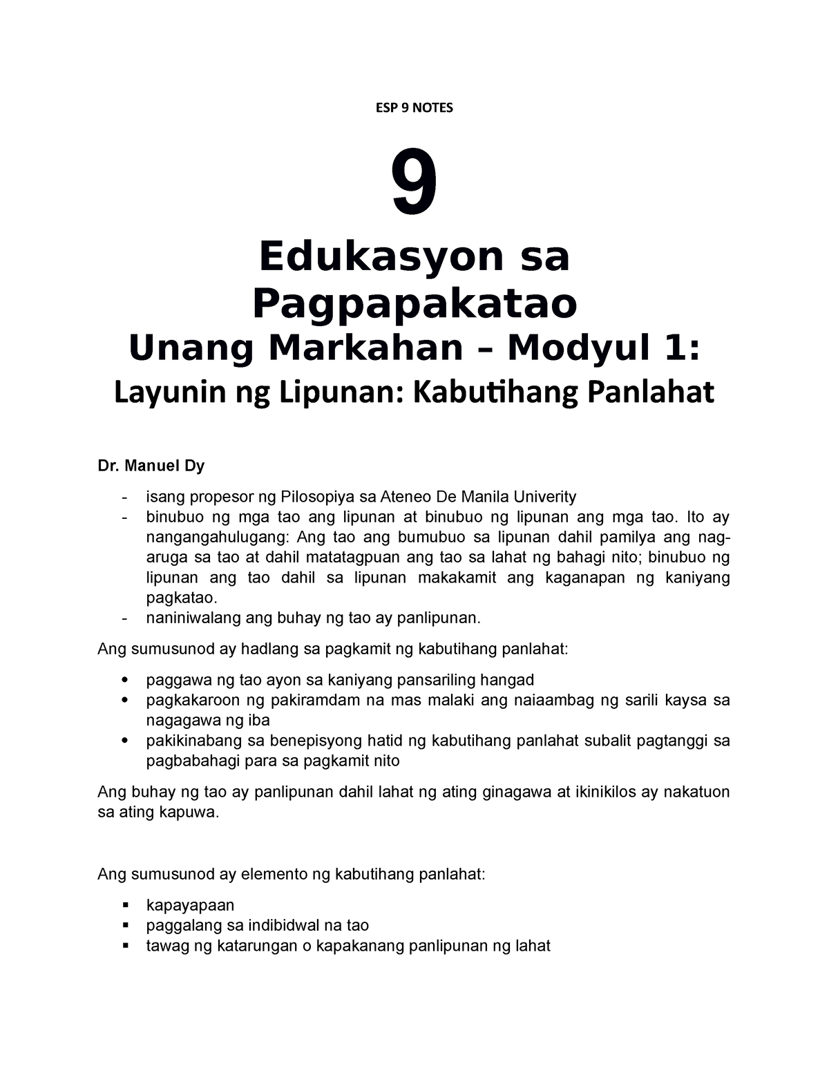 ESP 9 Notes - End - ESP 9 NOTES 9 Edukasyon Sa Pagpapakatao Unang ...