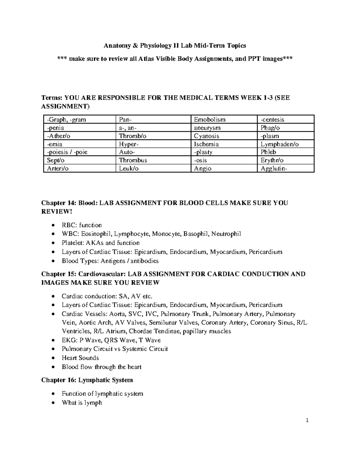 Exam Study Guide - 1 Anatomy & Physiology II Lab Mid-Term Topics ...