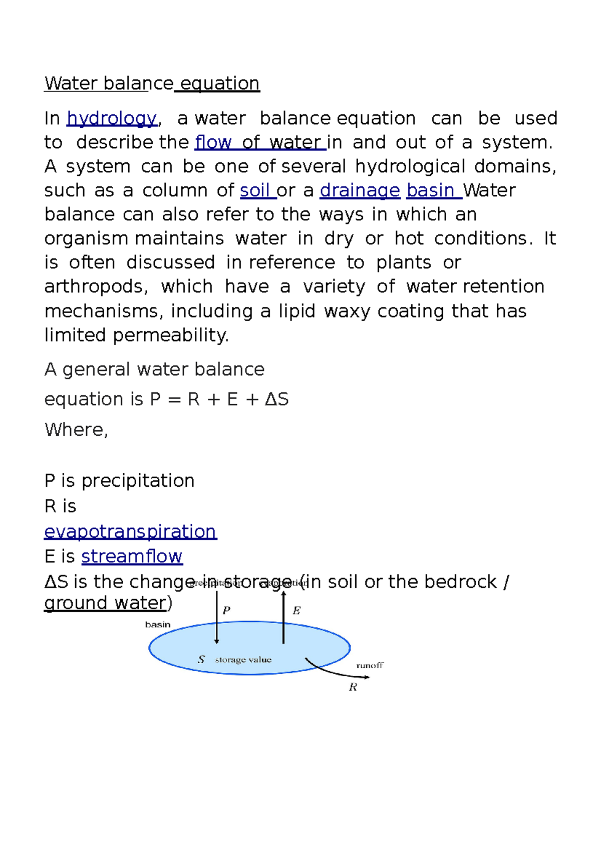 Hydrology Lecture notes 1 Water balance e qu a t i on In hydrology