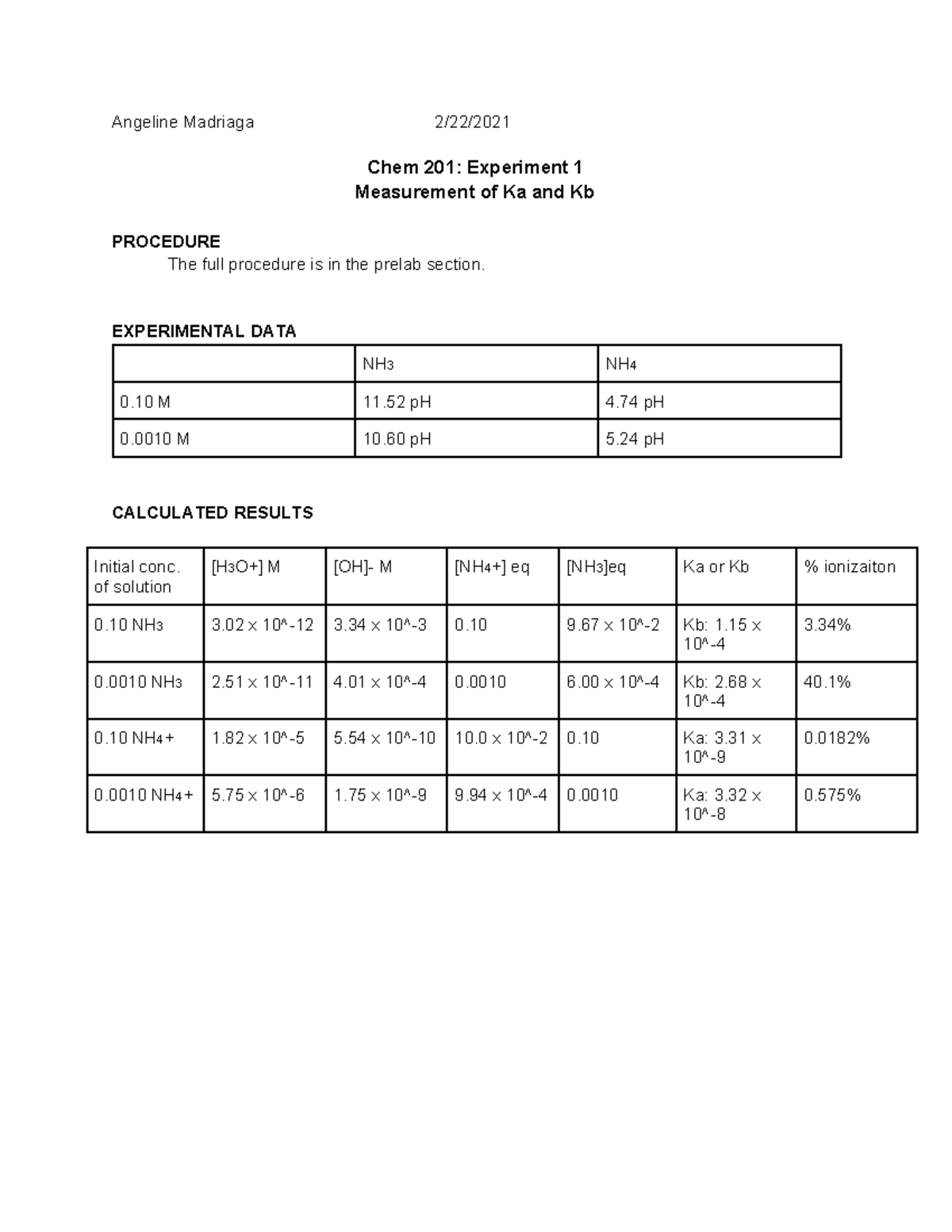 CHEM 201 Exp 2 - 22/25 - Angeline Madriaga 2/22/ Chem 201: Experiment 1 ...