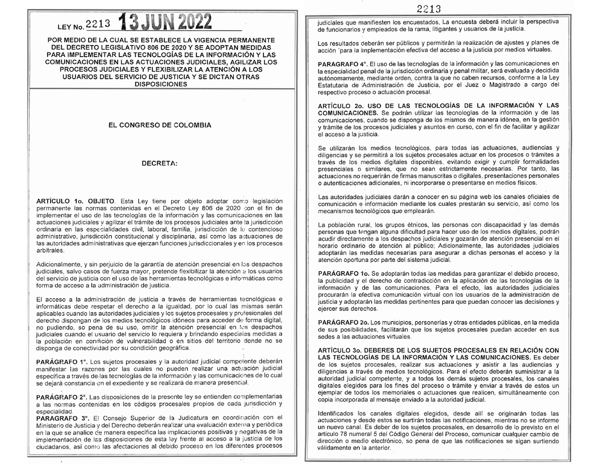 LEY 2213 DEL 13 DE Junio DE 2022 - Derecho Civil - Studocu