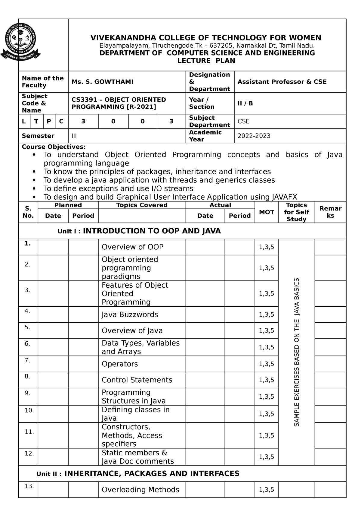 Lecture Plan - OOPS (B) - Lesson Plan - VIVEKANANDHA COLLEGE OF ...