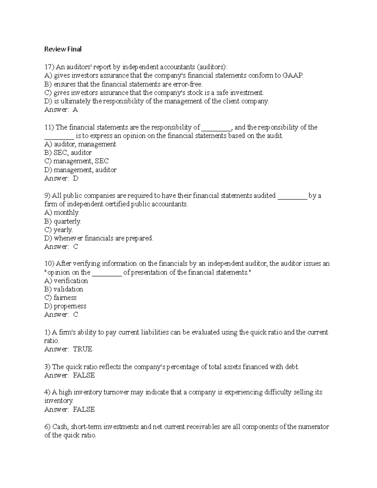 Review Final - chapter homework - Review Final An auditors' report by ...