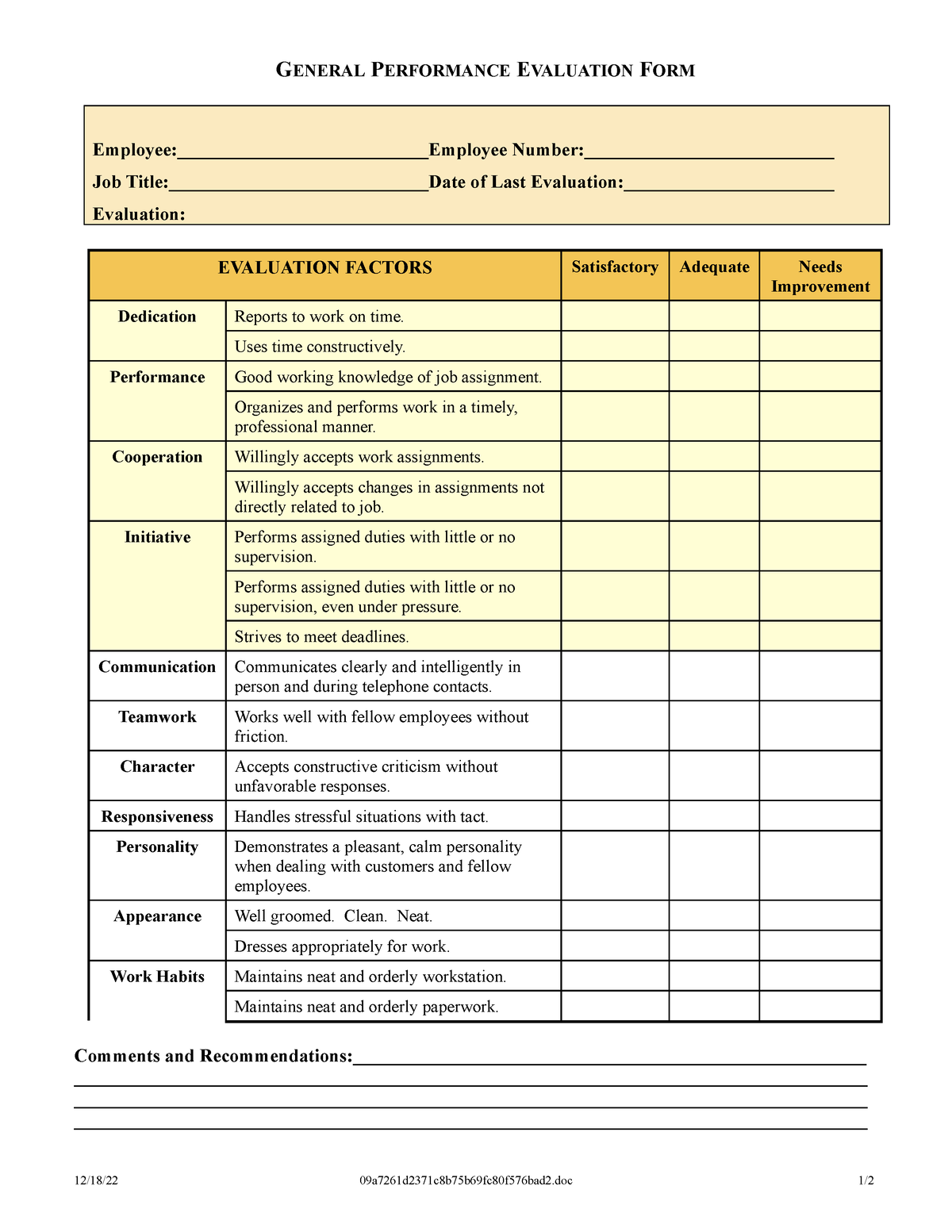 Performance Review Examples 37 GENERAL PERFORMANCE EVALUATION FORM 