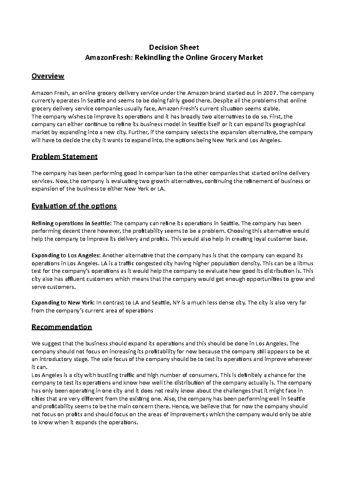 A - Case analysis - Decision Sheet AmazonFresh: Rekindling the Online ...