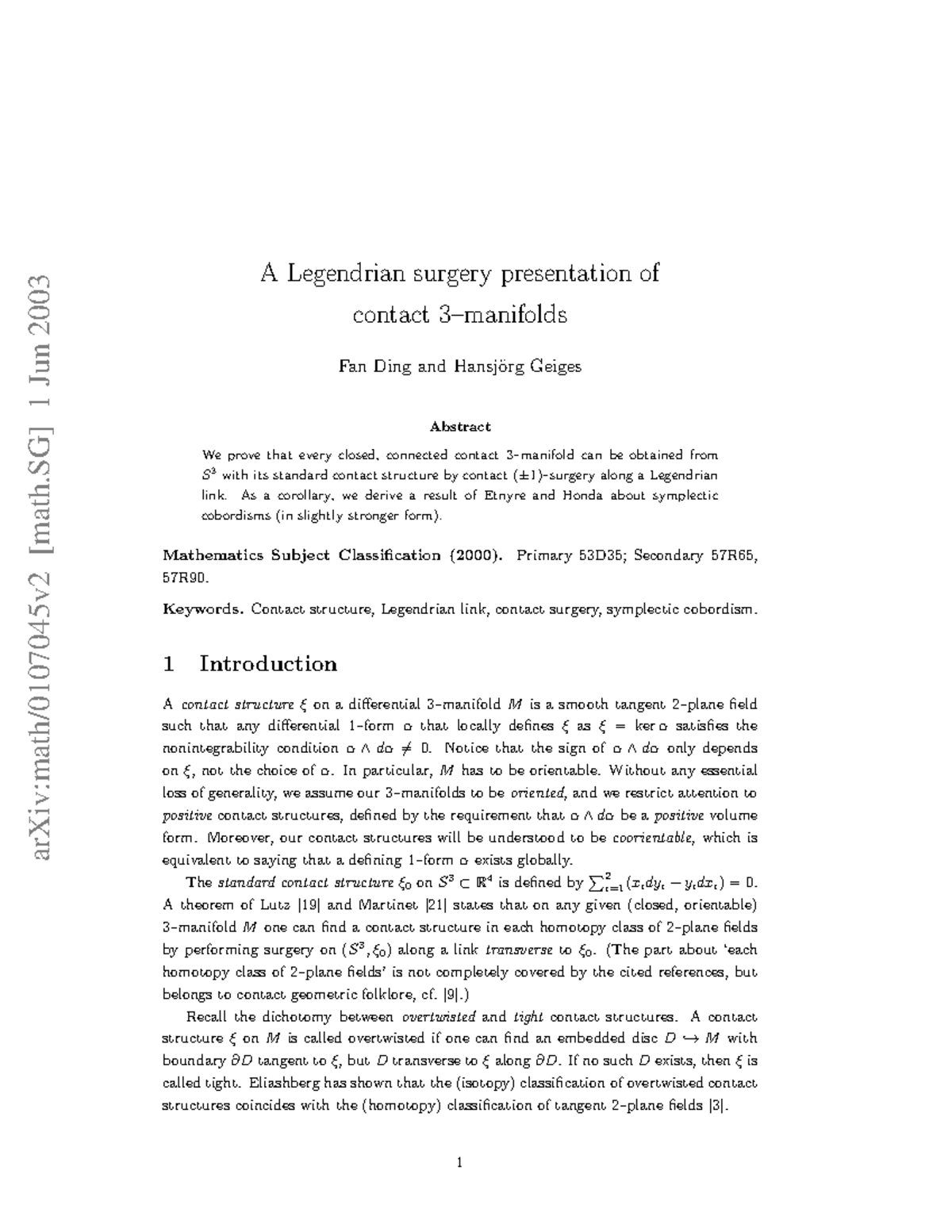 0107045 - Cours - arXiv:math/0107045v2 [math] 1 Jun 2003 A Legendrian ...