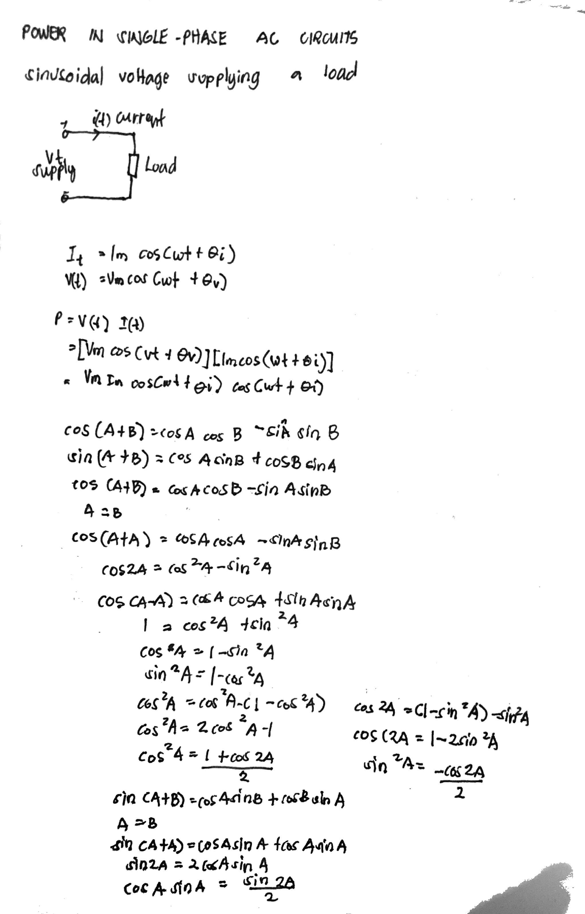 Notes in Power in Single-Phase AC Circuits in Power System Analysis ...