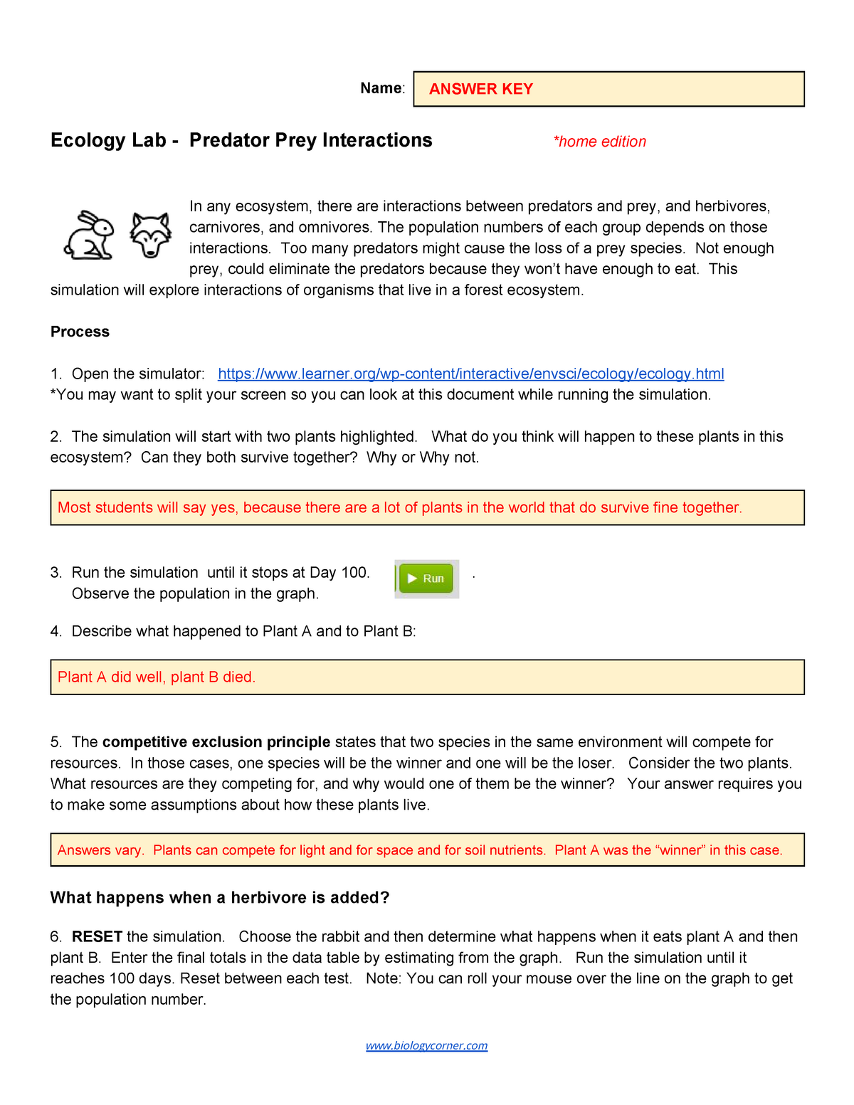 Predator Prey Interactions KEY-20 - Name ​: ANSWER KEY Ecology Lab With Ecological Relationships Worksheet Answers