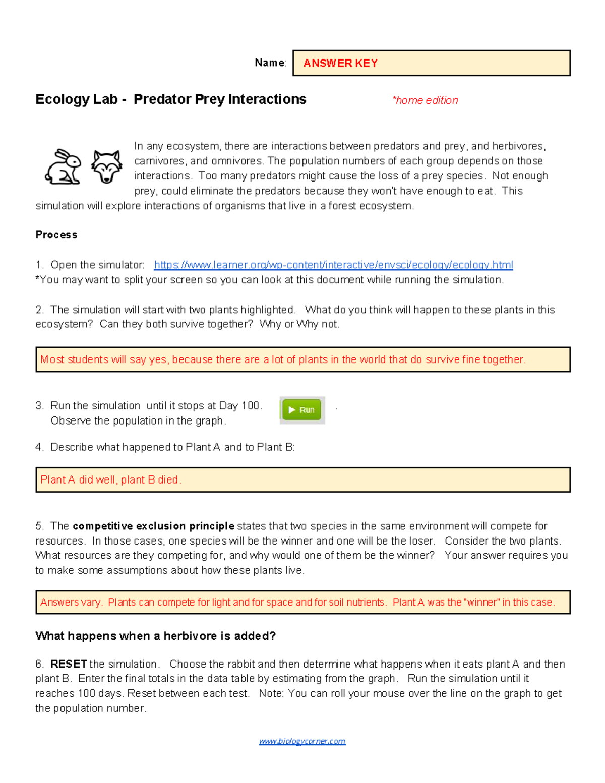 Predator Prey Interactions KEY-1 - Name : ANSWER KEY Ecology Lab