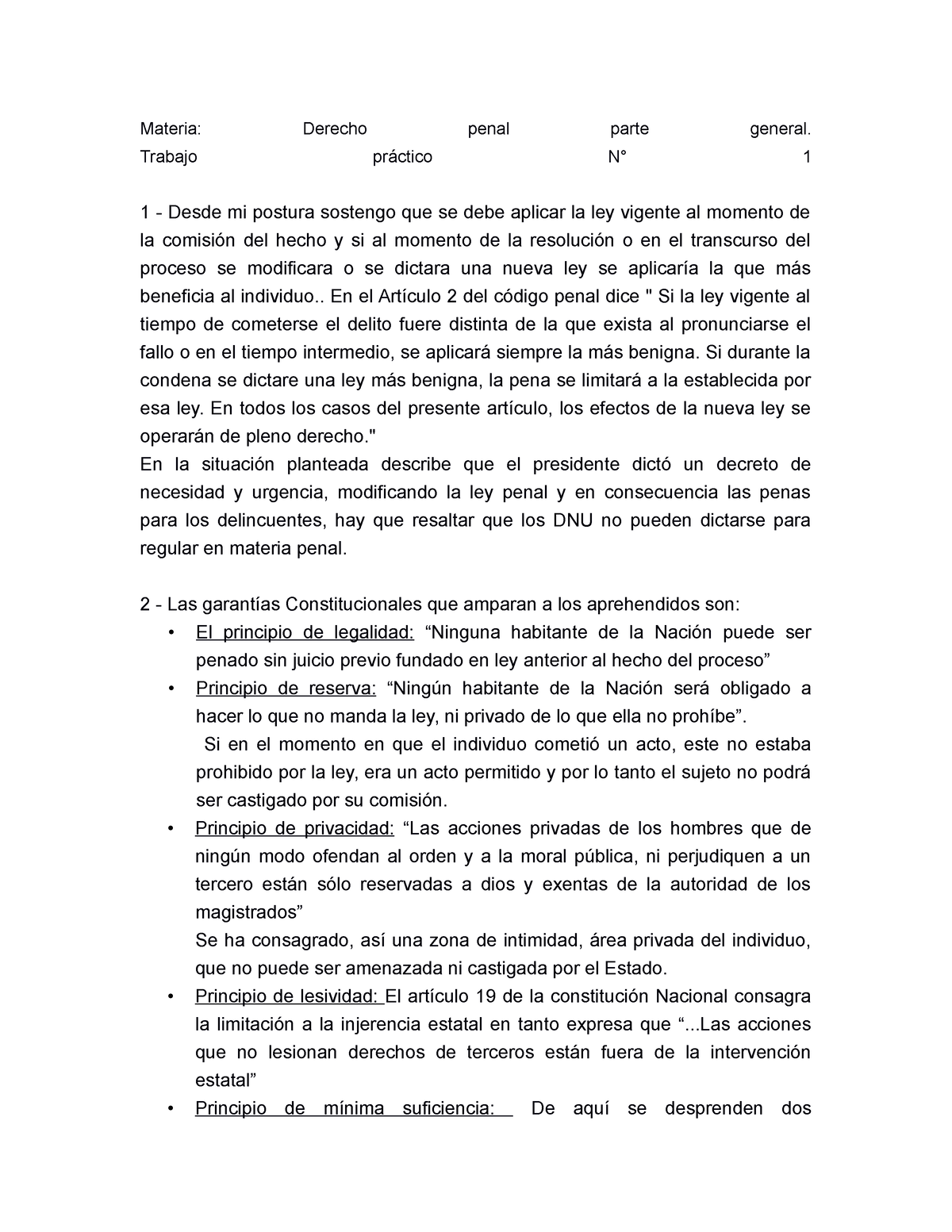 Trabajo Practico N 1 D Penal Materia Derecho Penal Parte General Trabajo Práctico N° 1 1 0284