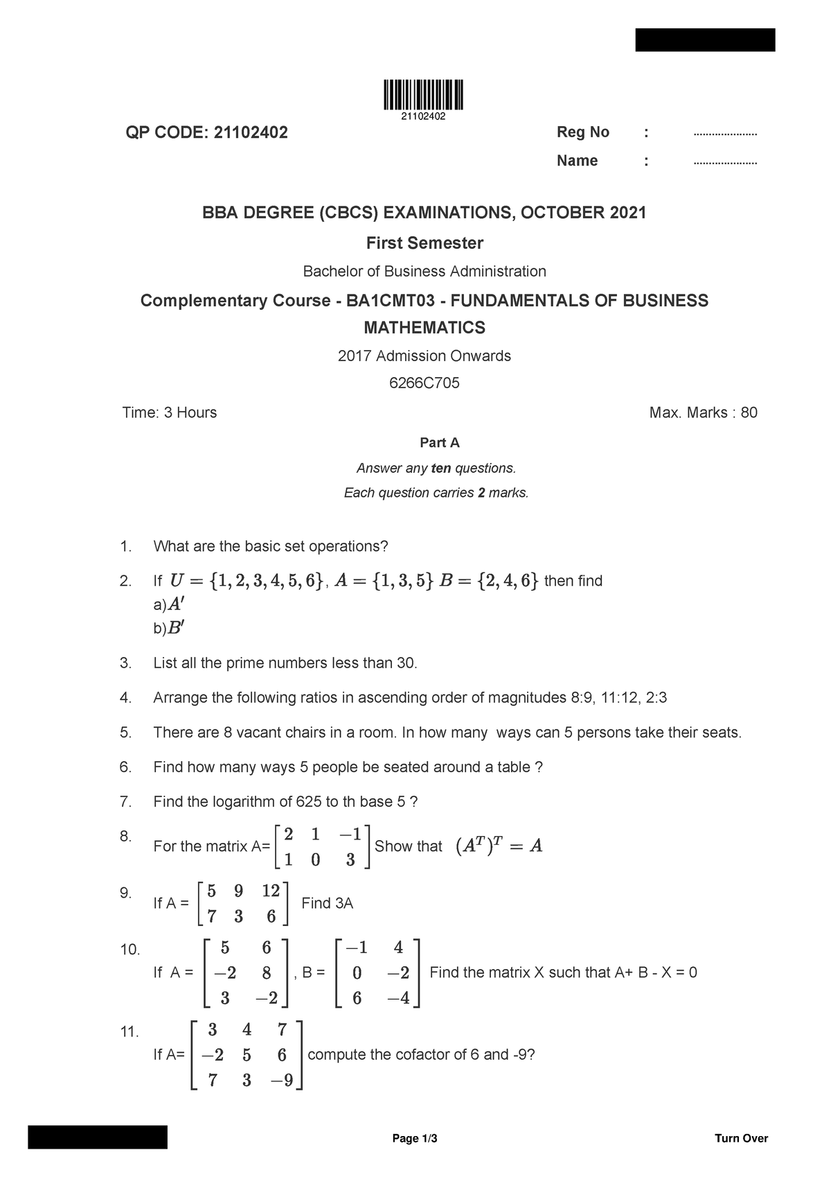 Bba 1 Sem Fundamentals Of Business Mathematics 21102402 Oct 2021 - QP ...