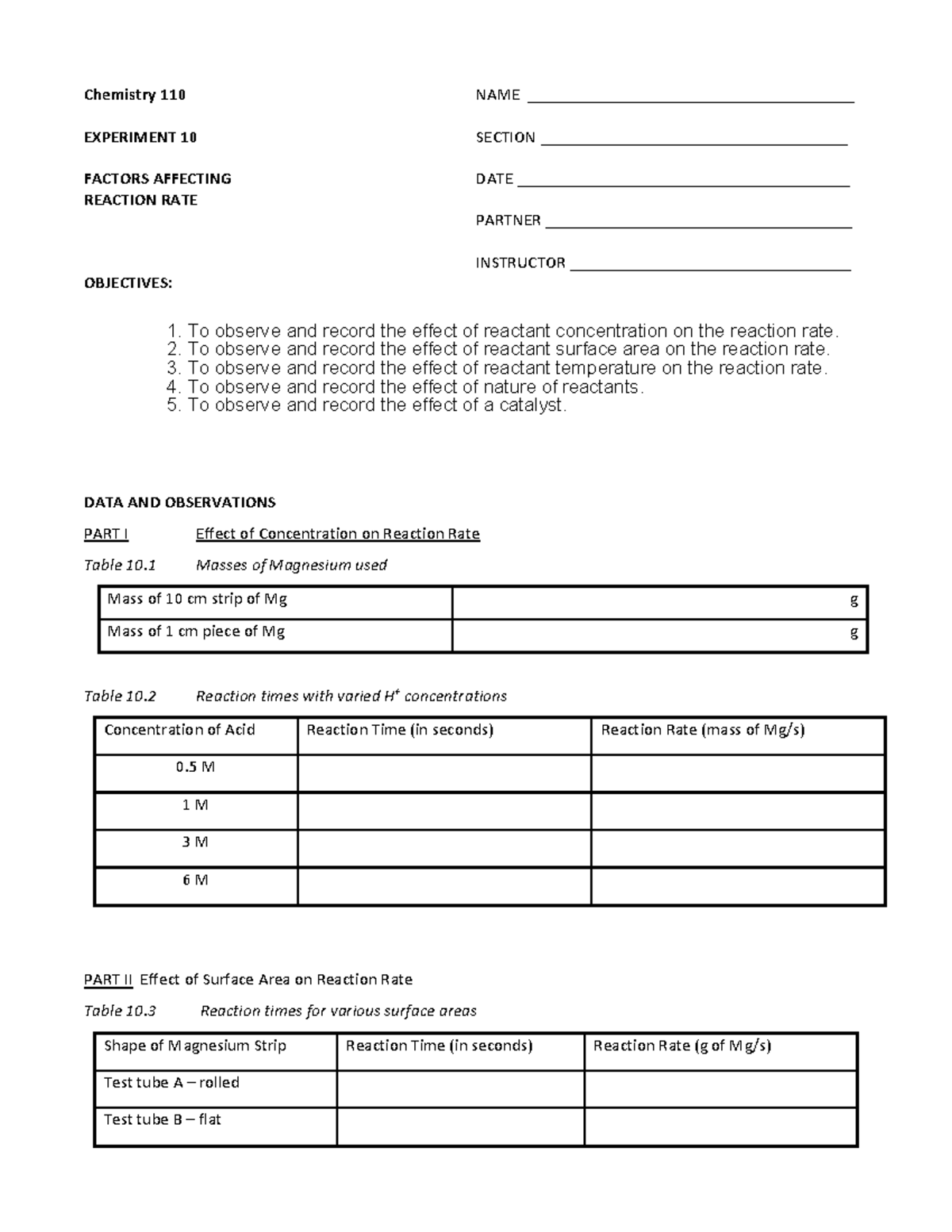 Expt 10 kinetics - Chemistry 110 NAME ...