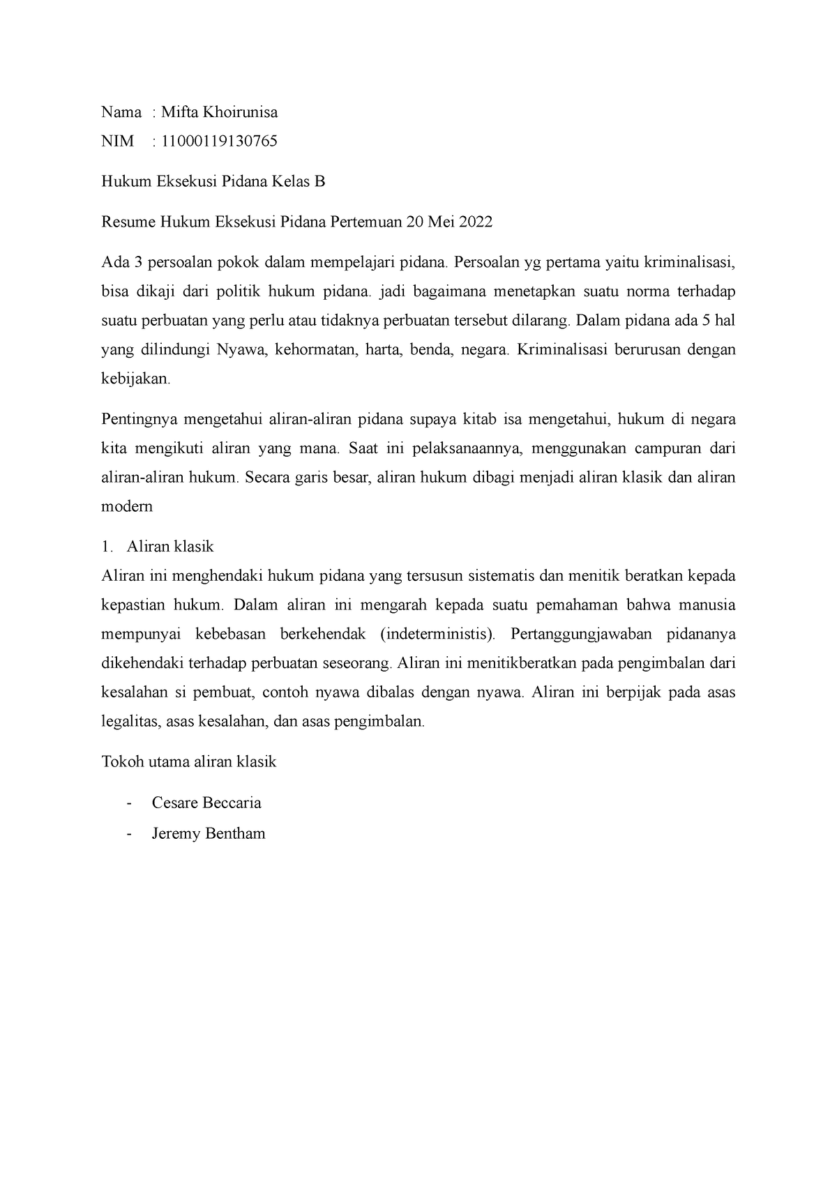 Resume 12 Hukum Eksekusi Pidana (B) - Nama : Mifta Khoirunisa NIM ...