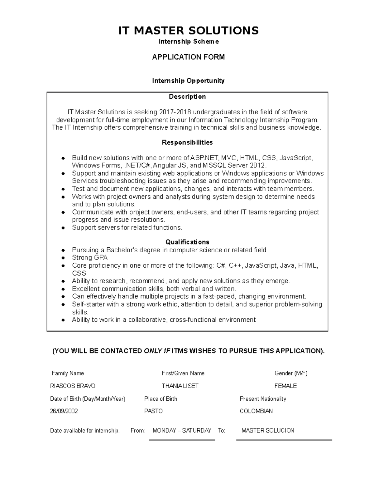POSTULACION PARA UNA PRACTICA LABORAL - IT MASTER SOLUTIONS Internship ...