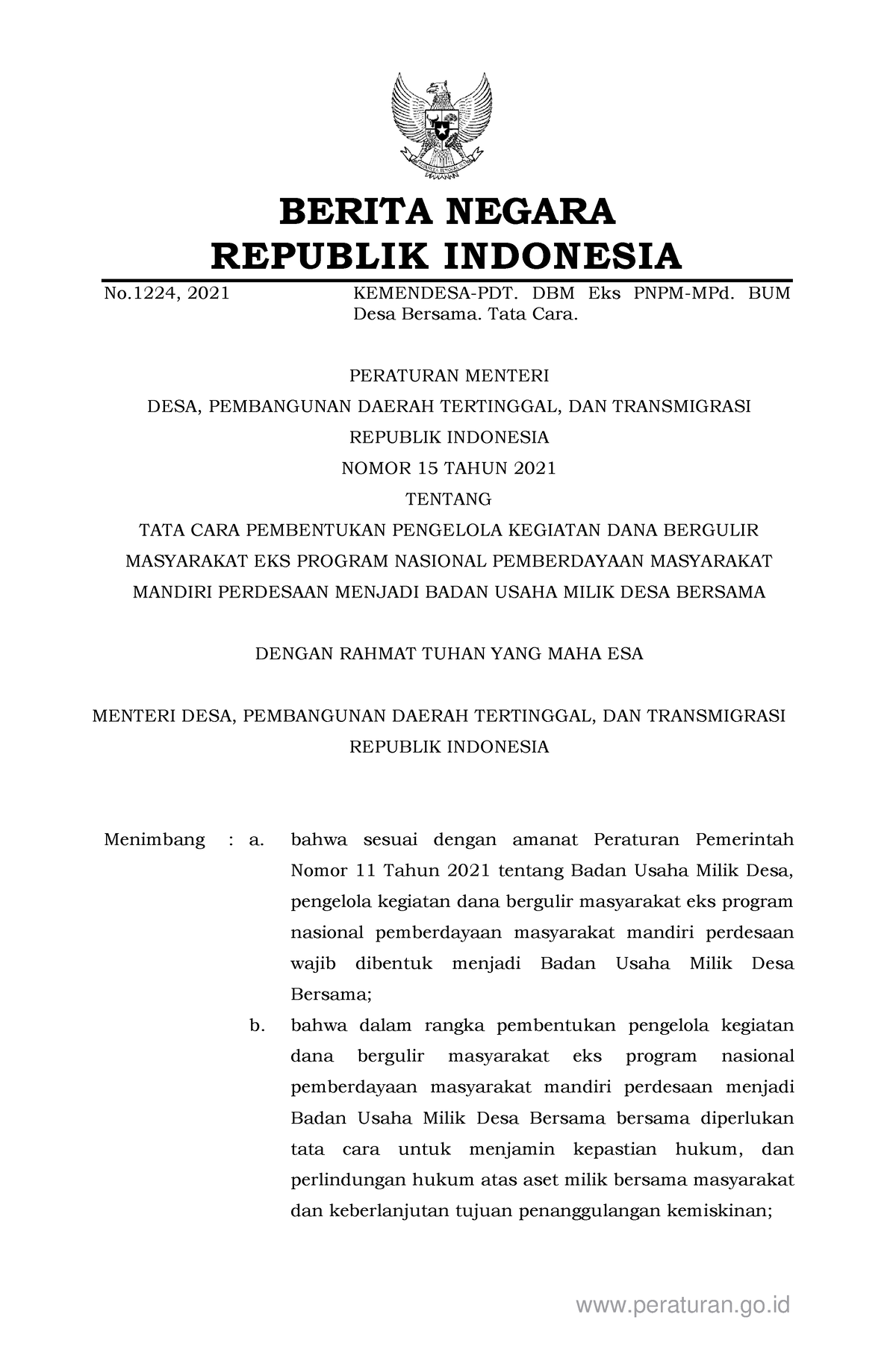 Nomor 15 Tahun 2021 Bumdesma - BERITA NEGARA REPUBLIK INDONESIA No ...