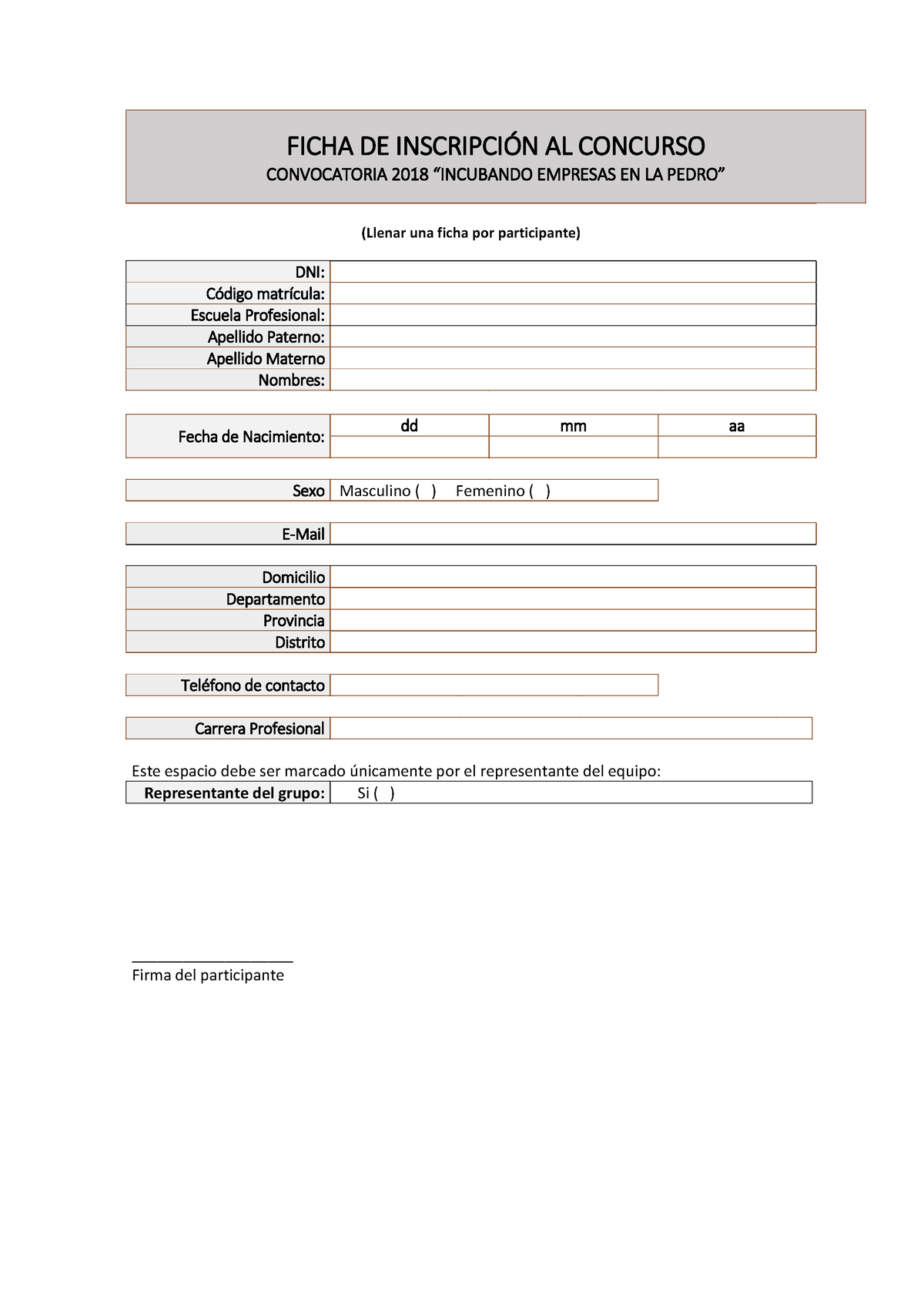 Formatos Inscripcion Incubando Empresas - FICHA DE INSCRIPCI”N AL ...