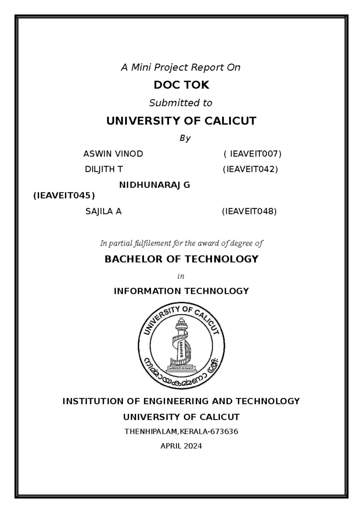 Report 07 - A Mini Project Report On DOC TOK Submitted to UNIVERSITY OF ...