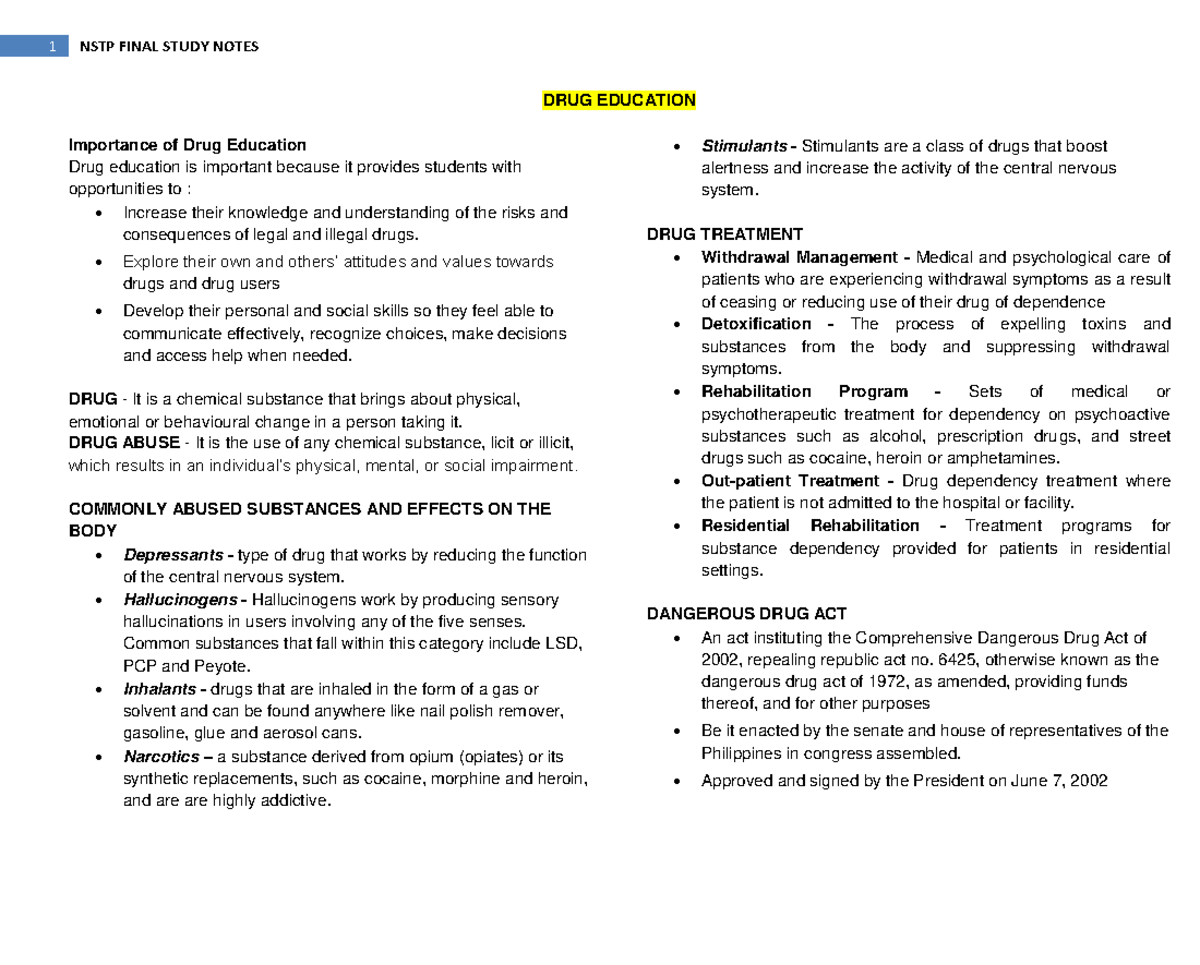 NSTP Final Study Notes - DRUG EDUCATION Importance of Drug Education ...