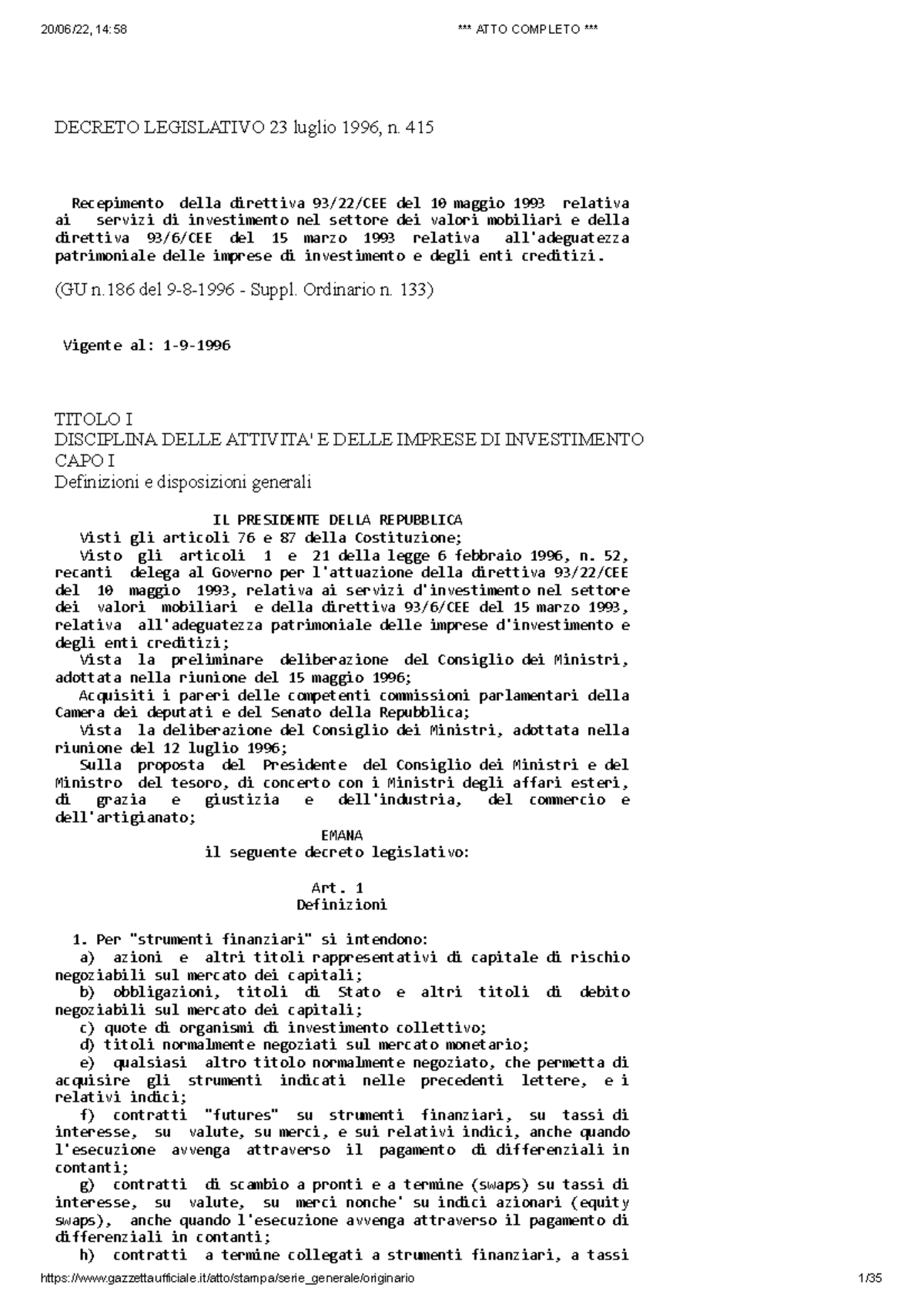 Decreto Eurosim - Mutuo riconoscimento, abilitazione banche ai servizi ...