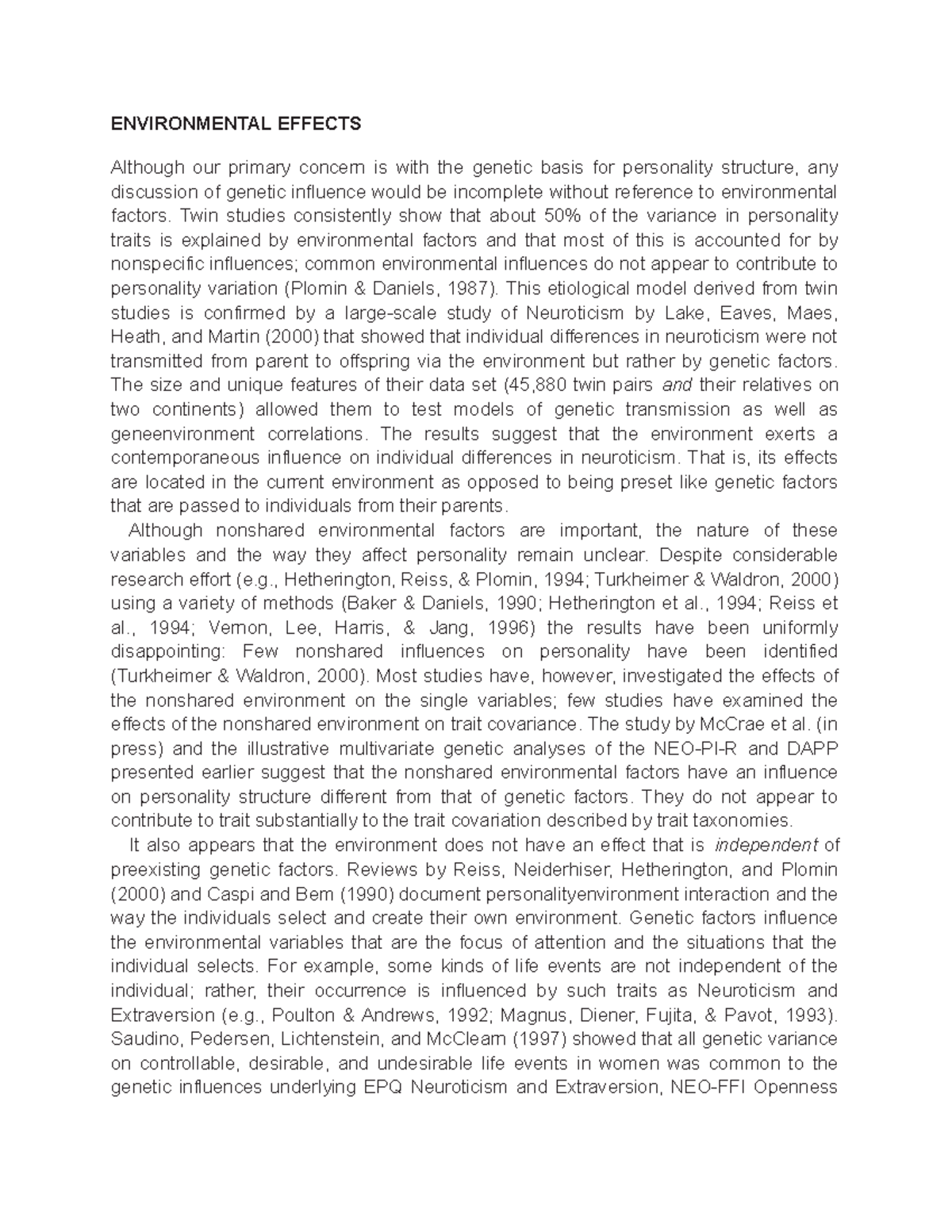 3.8 Genetic Basis of Personality Structure - ENVIRONMENTAL EFFECTS ...