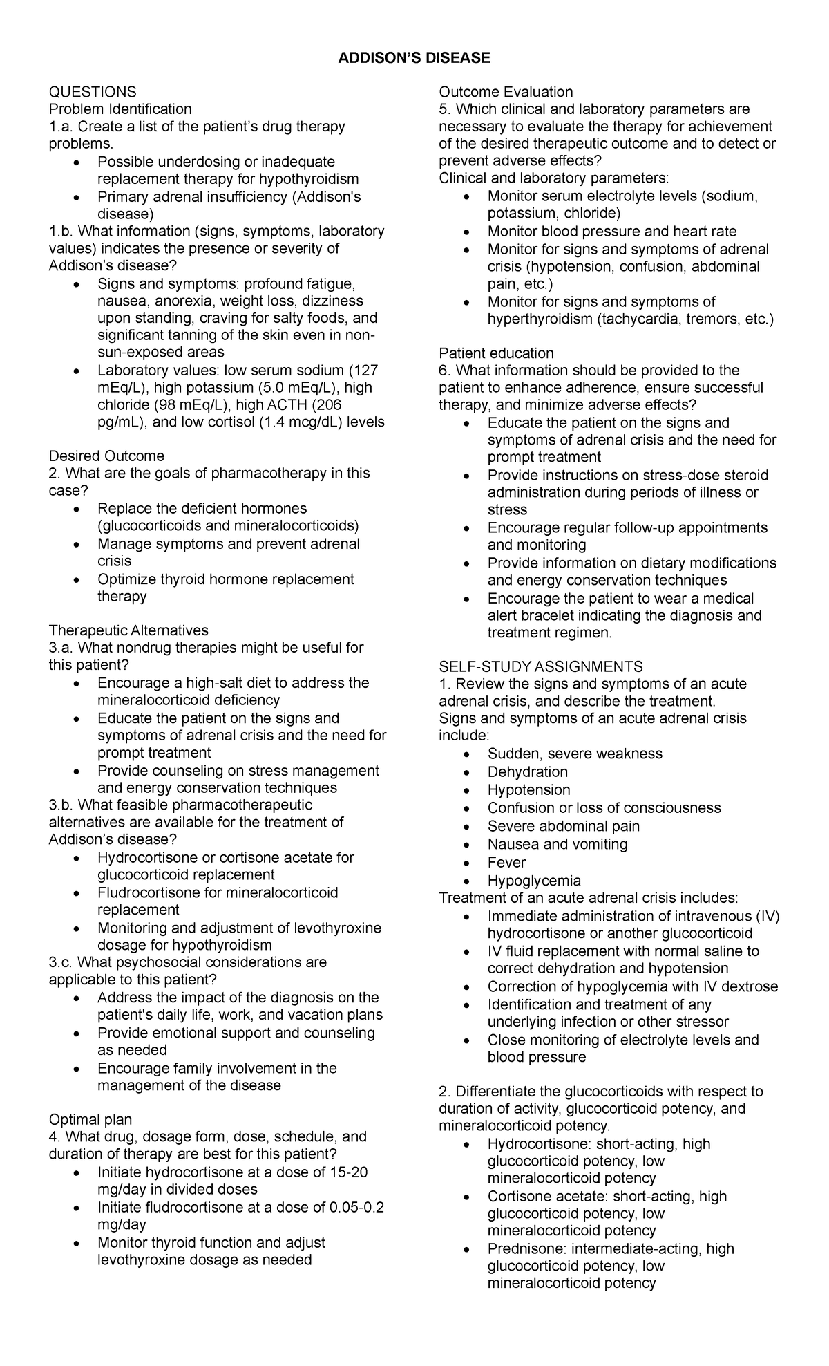 Addison'S Disease ANS ADDISON’S DISEASE QUESTIONS Problem Identification Create a list of