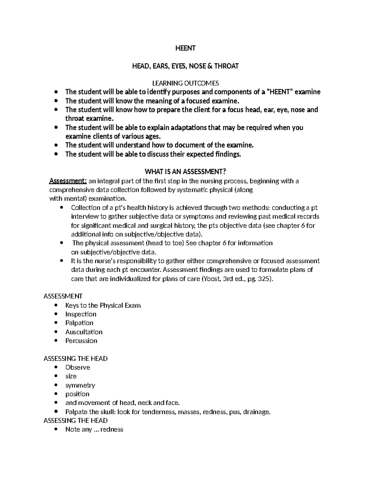 Heent - Notes - HEENT HEAD, EARS, EYES, NOSE & THROAT LEARNING OUTCOMES ...