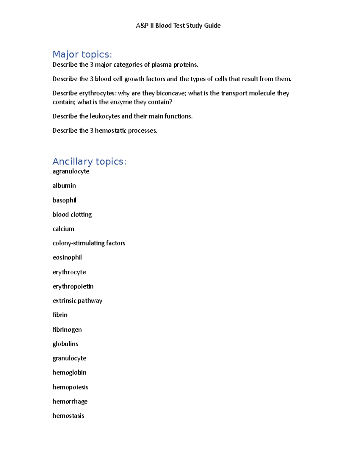 A&P II Lecture Blood Study Guide Revised - A&P II Blood Test Study ...