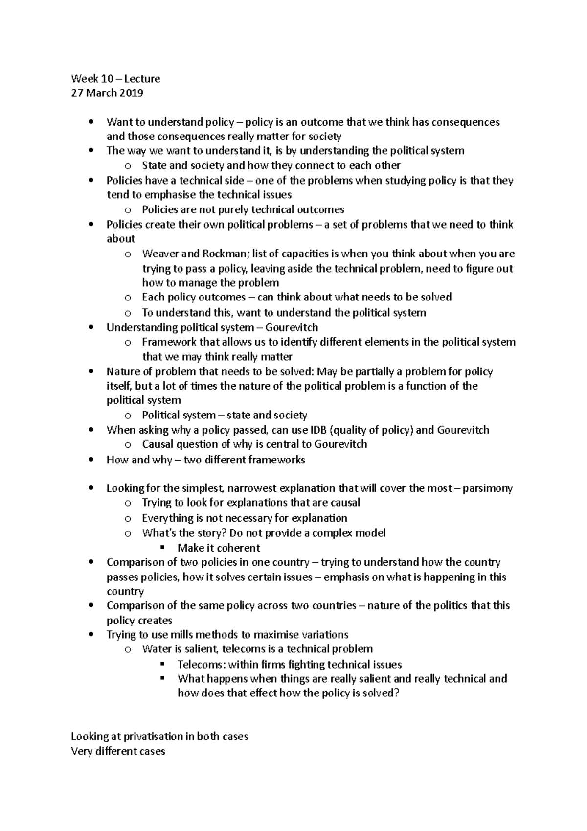 Week 10 - Week 10 – Lecture 27 March 2019 Want to understand policy ...