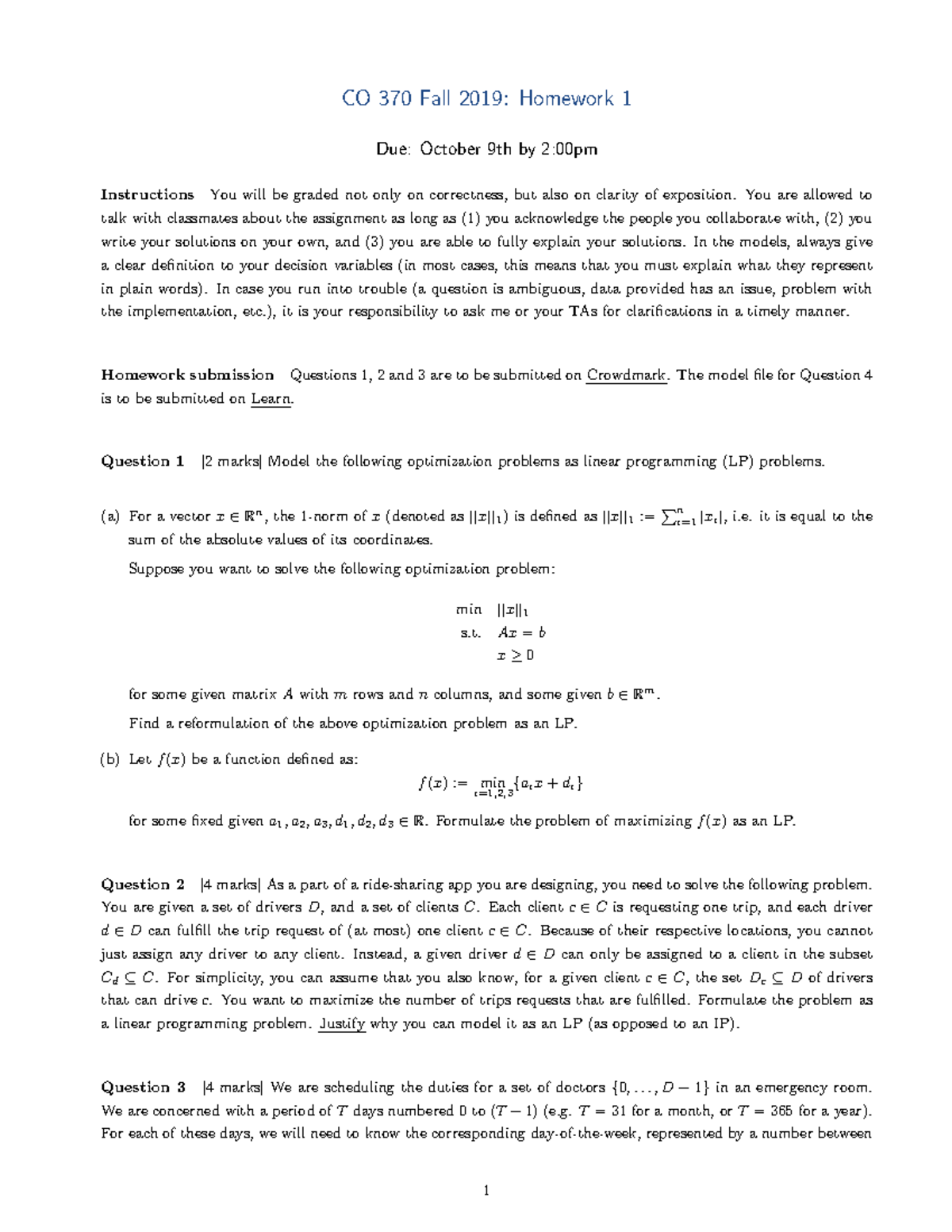 Co370-hw-11 - A1 assignment - CO 370 Fall 2019: Homework 1 Due: October ...